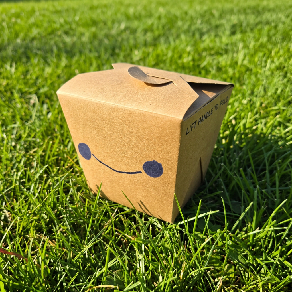 Kraft blind box with a hand-drawn smiley face in the grass