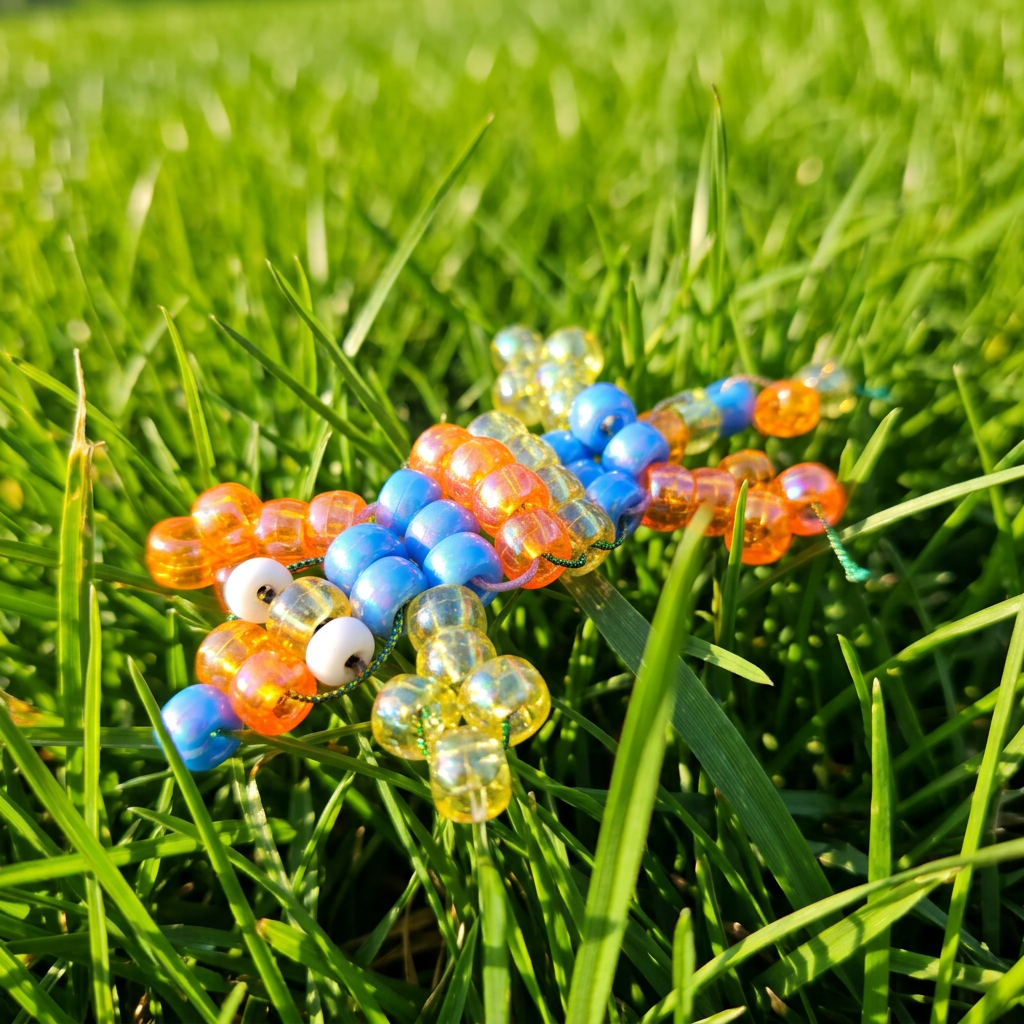 Handmade pony bead lizard resting in sunny grass
